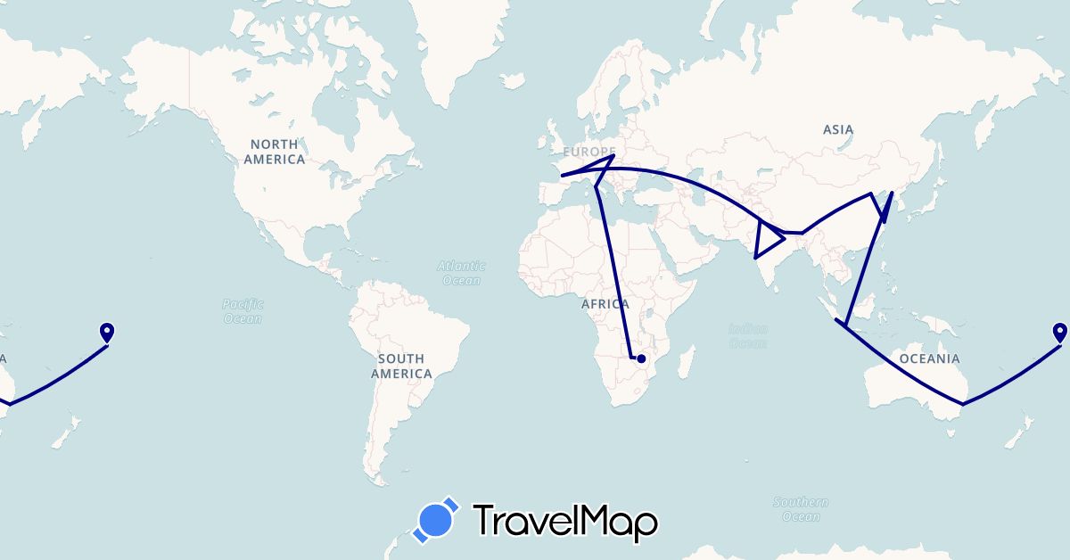 TravelMap itinerary: driving in Australia, Bhutan, Switzerland, China, Czech Republic, France, Indonesia, India, Italy, Nepal, Pakistan, Poland, Samoa, Zambia, Zimbabwe (Africa, Asia, Europe, Oceania)